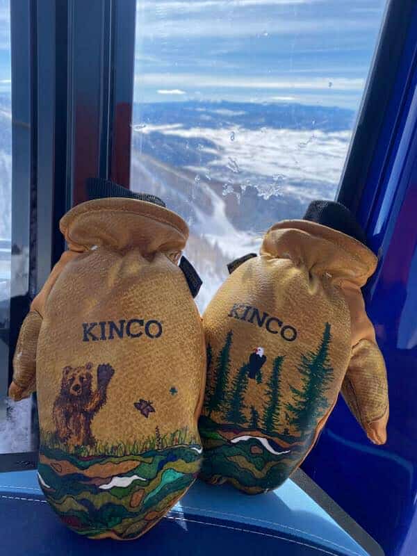 Kincos By Katie custom mittens with nature and bear design against snowy mountain background