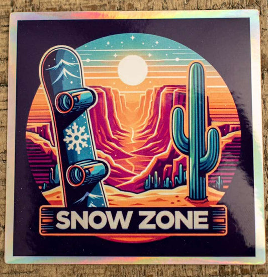 Water and UV proof sticker featuring snowboard and desert sunset design with "Snow Zone" text