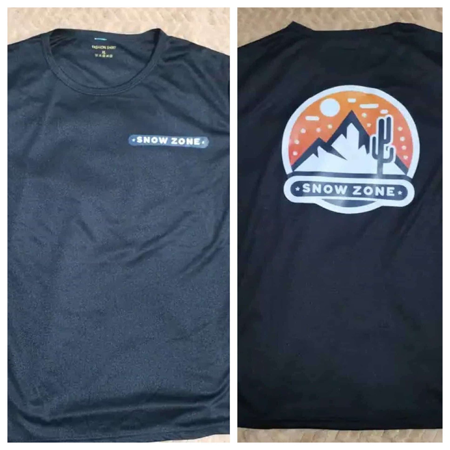 Black dry fit short sleeve shirt with Snow Zone logo on front and mountain design on back