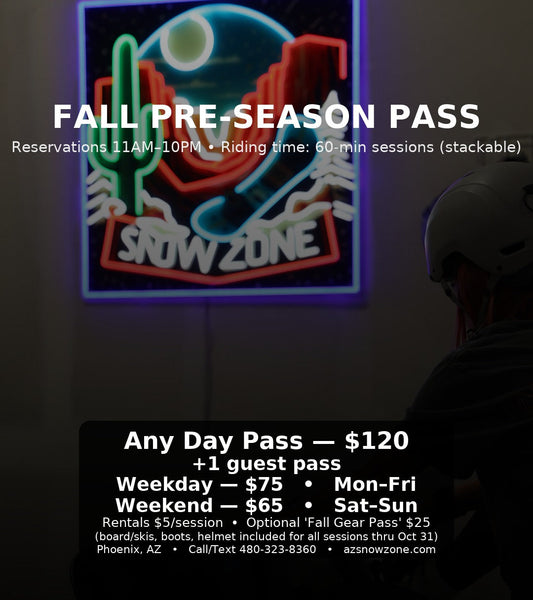 Fall Gear Rental Pass for board, boots, and helmet rentals through October 31 at Snow Zone Phoenix.