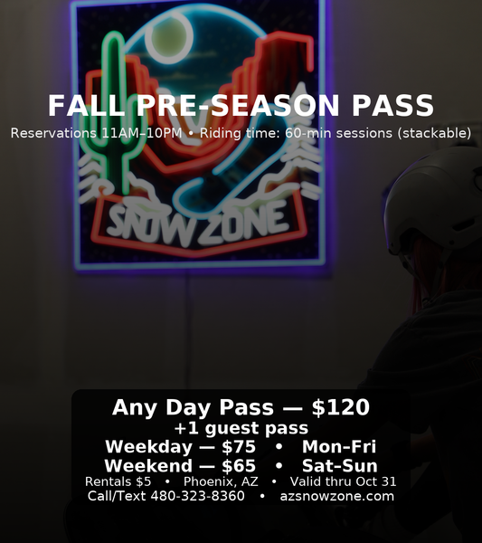 Fall Pre-Season Pass for weekend day sessions at Snow Zone Phoenix with 60-minute stackable riding time, rentals available, valid through October 31.
