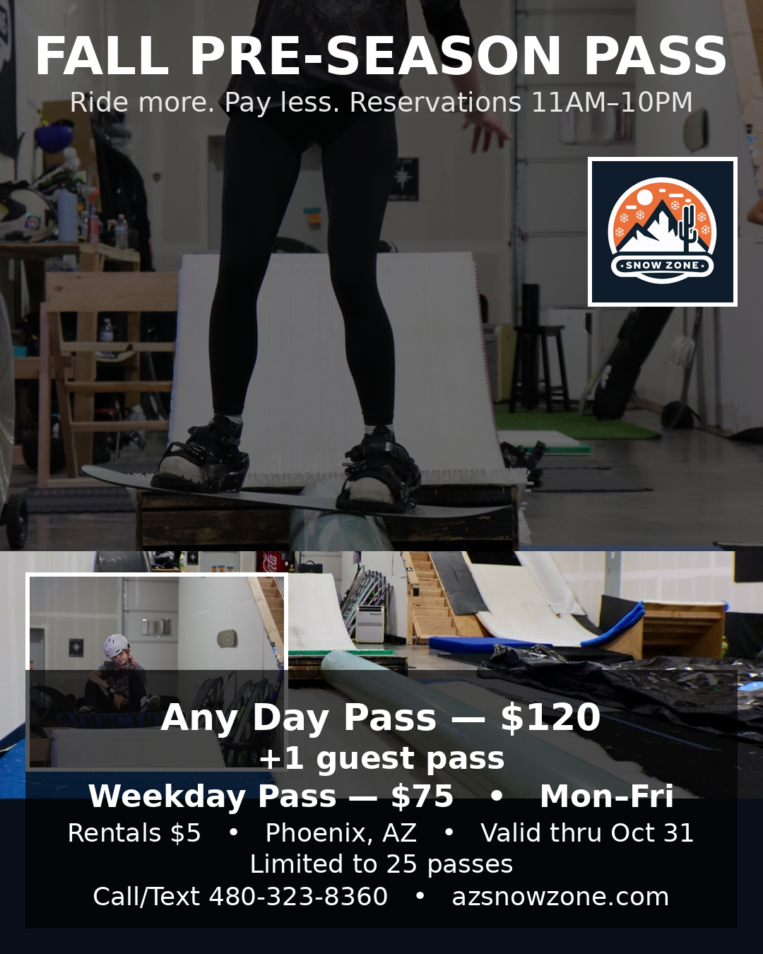 Fall pre-season pass advertisement with snowboard training facility and pricing details