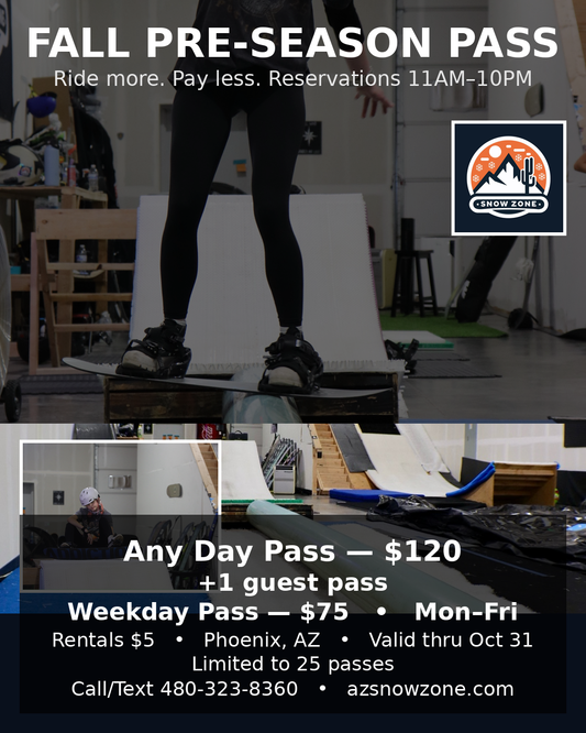 Fall pre-season pass advertisement with snowboard training facility and pricing details