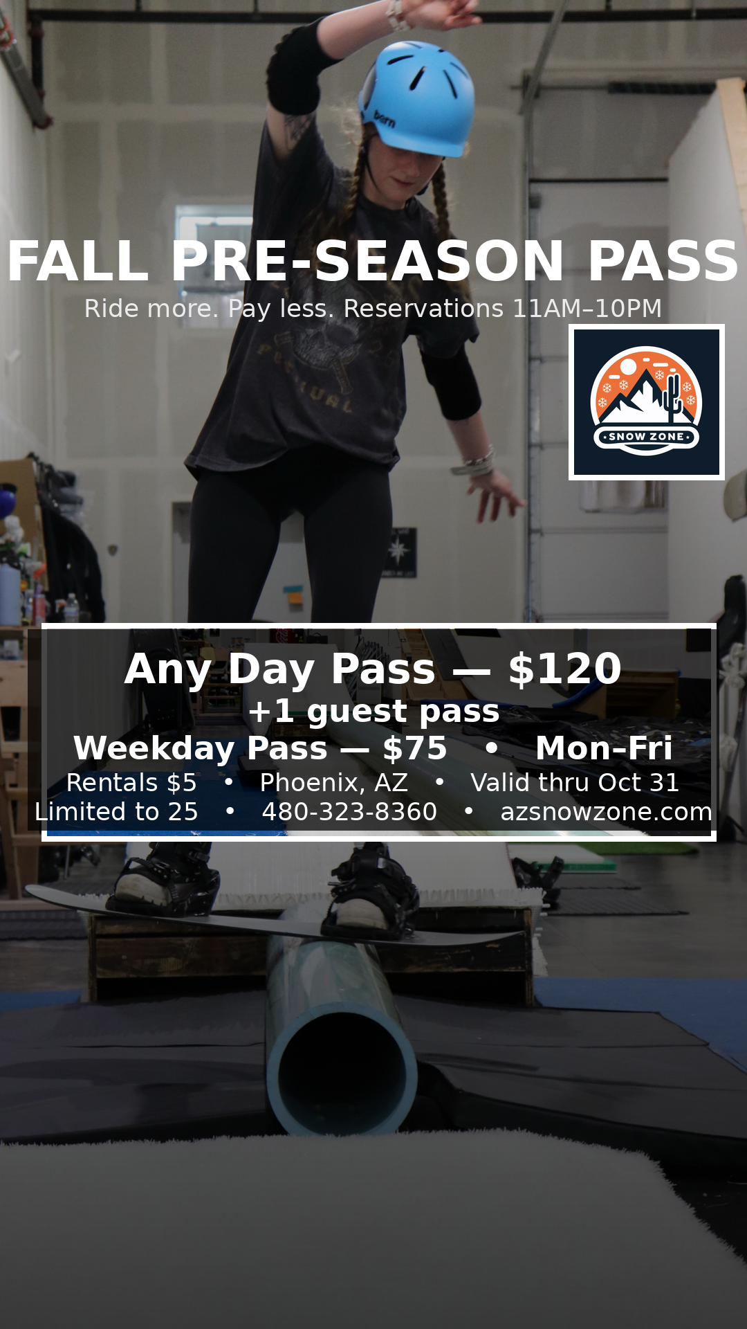 Person wearing helmet balancing on indoor snowboard rail promoting Fall pre-season pass with weekday rental discount in Phoenix, AZ