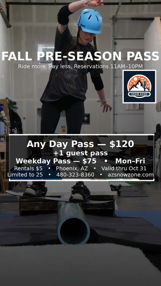 Person wearing helmet balancing on indoor snowboard rail promoting Fall pre-season pass with weekday rental discount in Phoenix, AZ