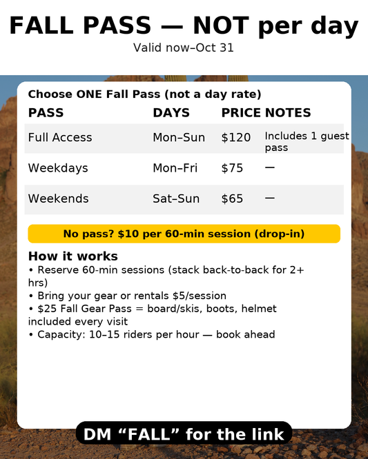 Fall Gear Rental with board and boots for $5, optional helmet and guards for $4, available with various pass options through October 31