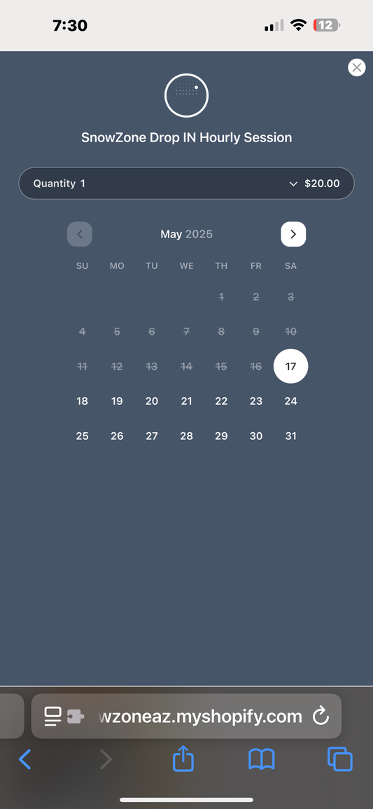 Booking page for SnowZone Drop IN Hourly Session with calendar and pricing details